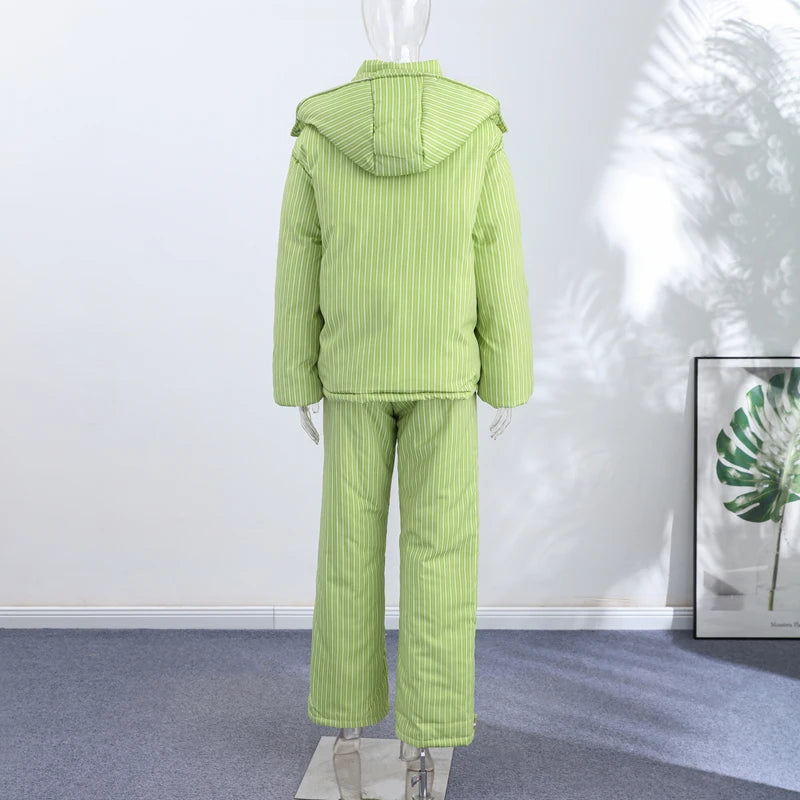 Chic Striped Hooded Puffer Coat Set Women Quilted Full Sleeve Zip Jacket Wide Leg Pants 2026 New Lady Autumn Winter Warm Outfit