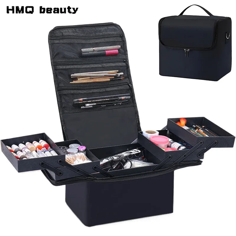 Mala de Maquilhagem de Grande Capacidade com Tabuleiros Dobráveis Multicamadas Ajustáveis, Caixa para Manicura, Organizador de Cosméticos Portátil para Unhas