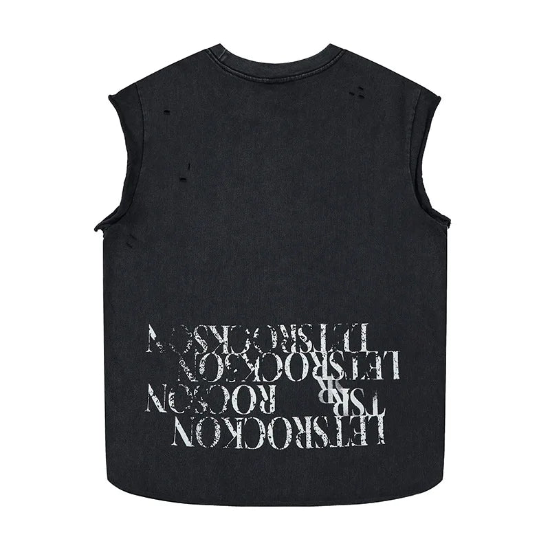 Men's Fashion Ripped Printed Tank Tops High Street Hip Hop Sleeveless Tees Streetwear Washed Vintage Tops For Male