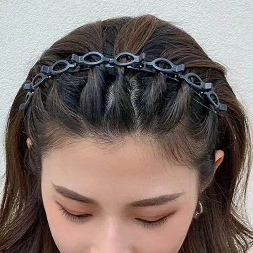 Adjustable Headband with Clips Double Bangs Hoop Design Multi Layer Toothed Braid Tool with 8 Clips Hair Styling Accessories