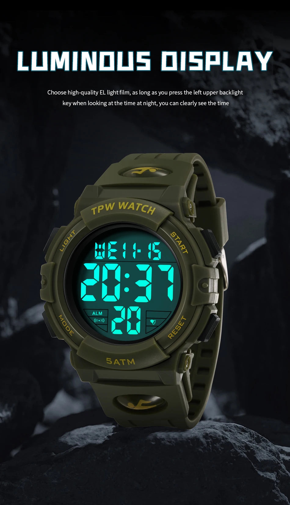 TPW Digital Watch with Big Numbers 5ATM Water Resistant Day Date Alarm Function Adventure Watch