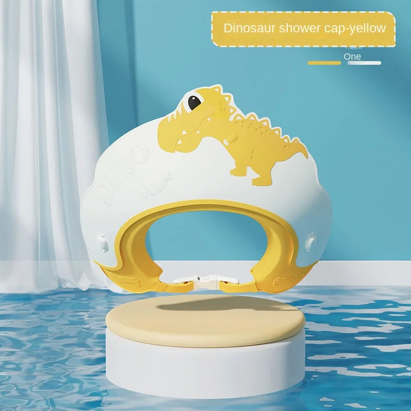Gorro de Champô Impermeável de Borracha Macia para Bebé Artefacto de Banho para Criança Gorro de Lavagem de Cabelo com Proteção Auricular Ajustável Padrão de Dinossauro