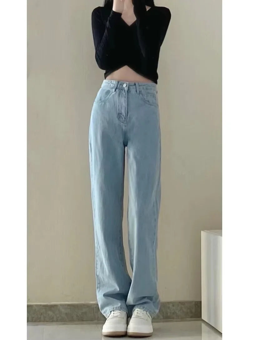 Autumn Spring Jeans Women Denim Pants Vintage Straight Trousers Fashion Female White Black Solid Loose Casual Wide Leg Pants