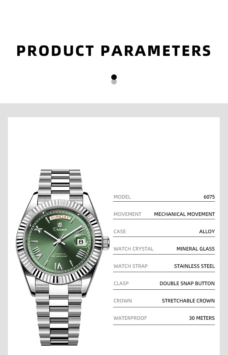 Dulunwe Automatic Watches for Men Day Date Classic 41MM Retro Mechanical Wristwatch 3ATM Waterproof Screw-in Crown Design