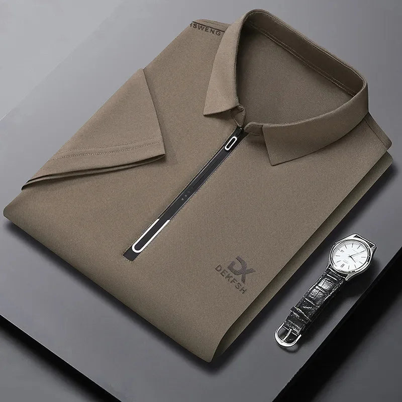 New Men's Business Casual Zipper Short Sleeve Solid Color Polo Shirt Fashionable Warm Comfortable Four Seasons Versatile Top