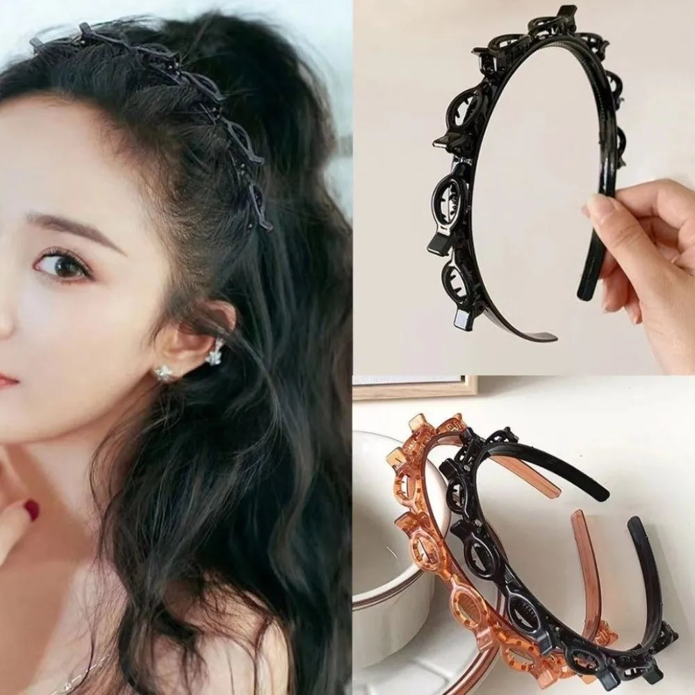 Adjustable Headband with Clips Double Bangs Hoop Design Multi Layer Toothed Braid Tool with 8 Clips Hair Styling Accessories