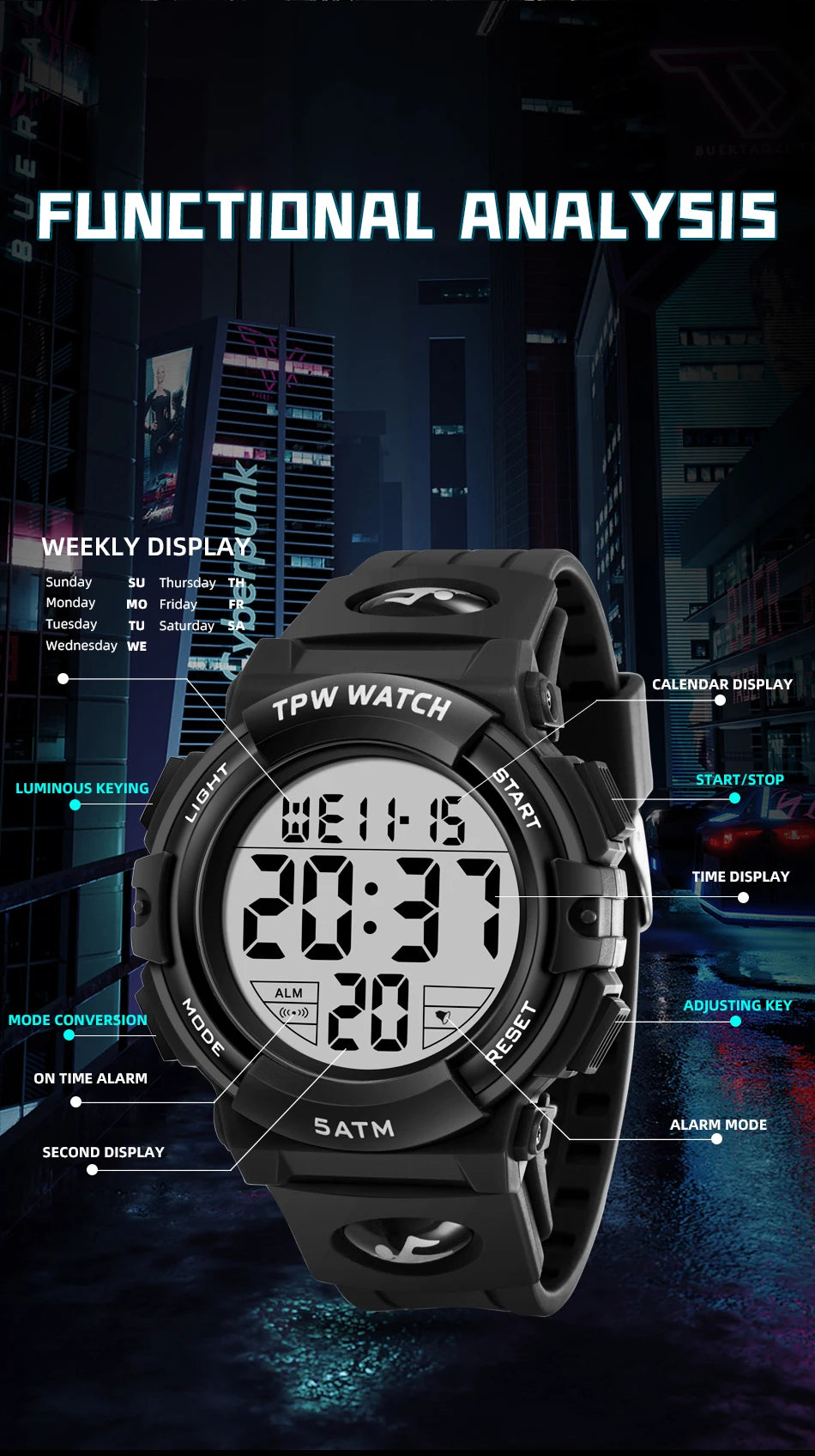 TPW Digital Watch with Big Numbers 5ATM Water Resistant Day Date Alarm Function Adventure Watch