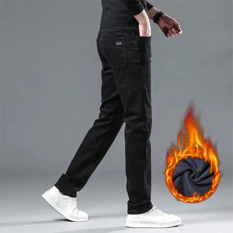 2025 New Winter Men Black Straight Stretch Denim Thick Velvet Pants Warm Jeans Casual Fleece Line Trousers Male Plus Size
