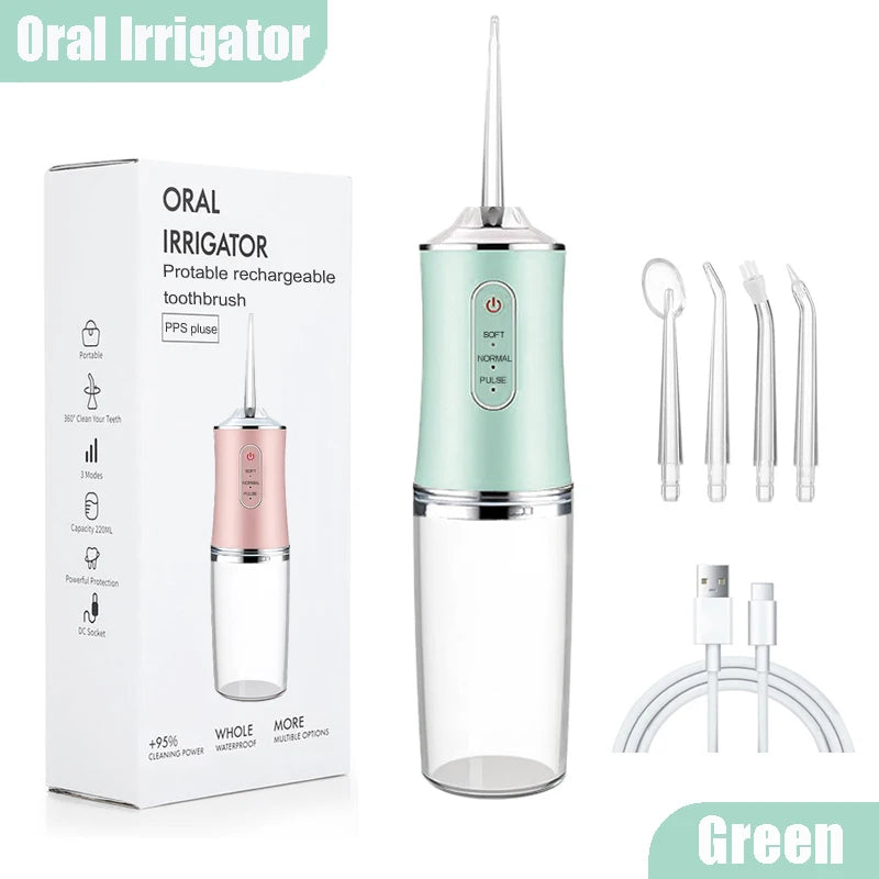 2026 Oral Irrigator Portable Dental Water Flosser USB Rechargeable Water Jet Floss Tooth Pick 4 Jet Tip 220ml 3 Modes