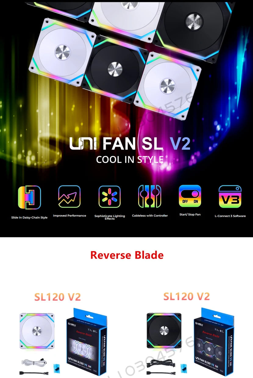 LIAN LI UNI FAN SL V2 SL120V2 Reverse Blade 10% Performence Upgraded Version RGB Fan, Single Pack, Black/White