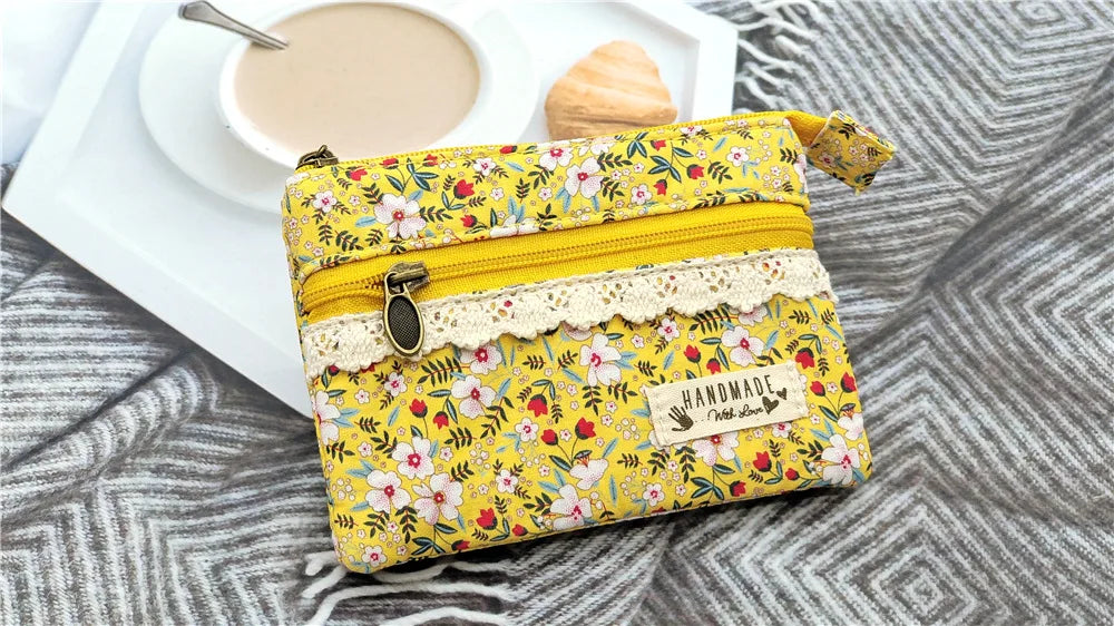 New Fashion Flower Multi-layer Cotton Fabric Coin Purse Women Card Wallet Small Change Bag Retro Canvas Female Hand Purses Pouch