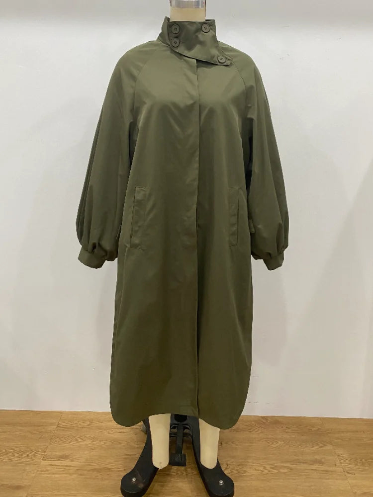 Women's Autumn Long Trench Coat Stand Collar Button Batwing Sleeves Side Slit Oversized Jacket Chic High Street Windproof Outfit