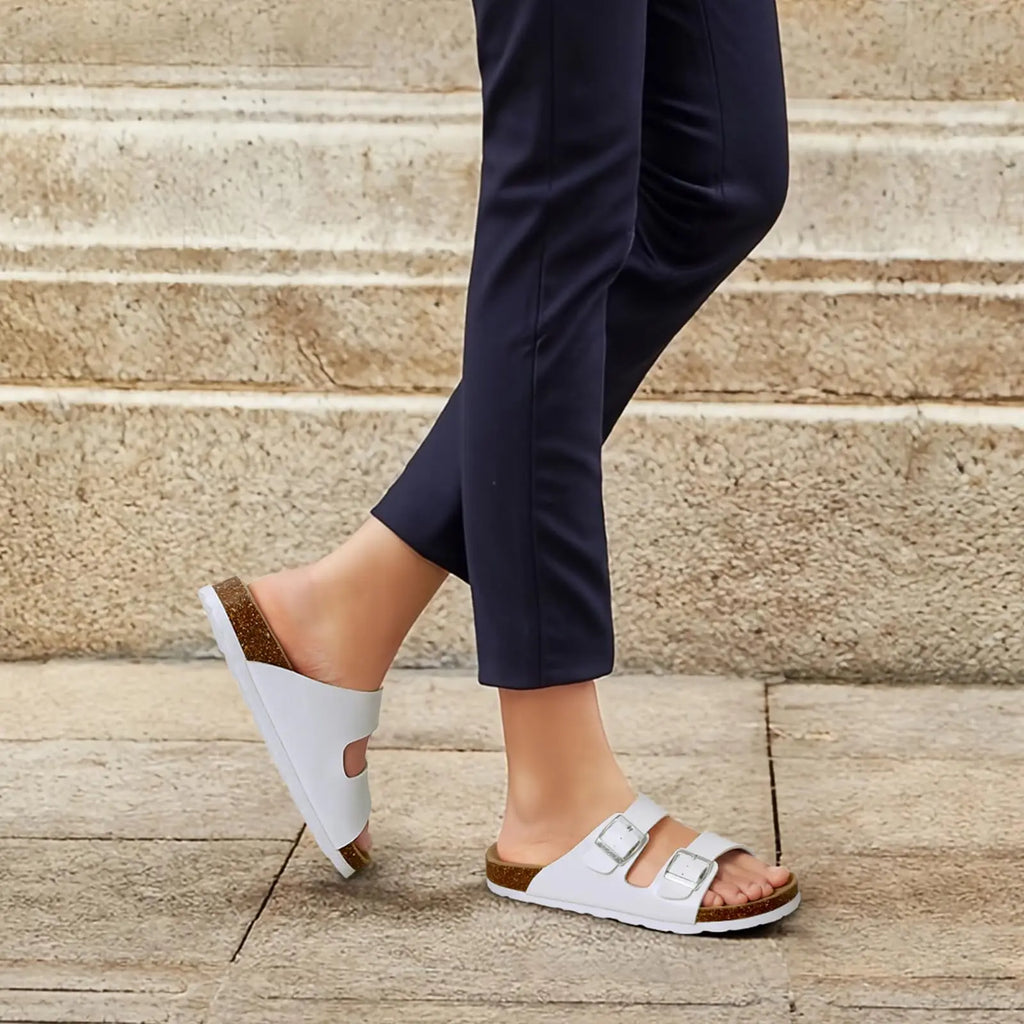 Kidmi Men's Cork Footbed Slide Sandal Slip On Sandals  Women Cork Sandals Nonslip Beach Sandals Female Adjustable Buckle Slides