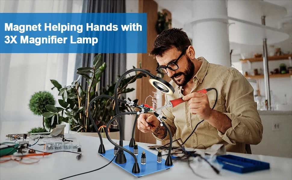 NEWACALOX PCB Fixture Clips Soldering Holder Third Hand Tool Magnetic Flexible Helping Hands with 3X LED Illuminated Magnifier