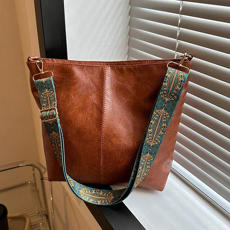 Vintage Solid Color Women Fashion Shoulder Sling Bag High-Capacity Simple Wide Strap Bucket Crossbody Bag