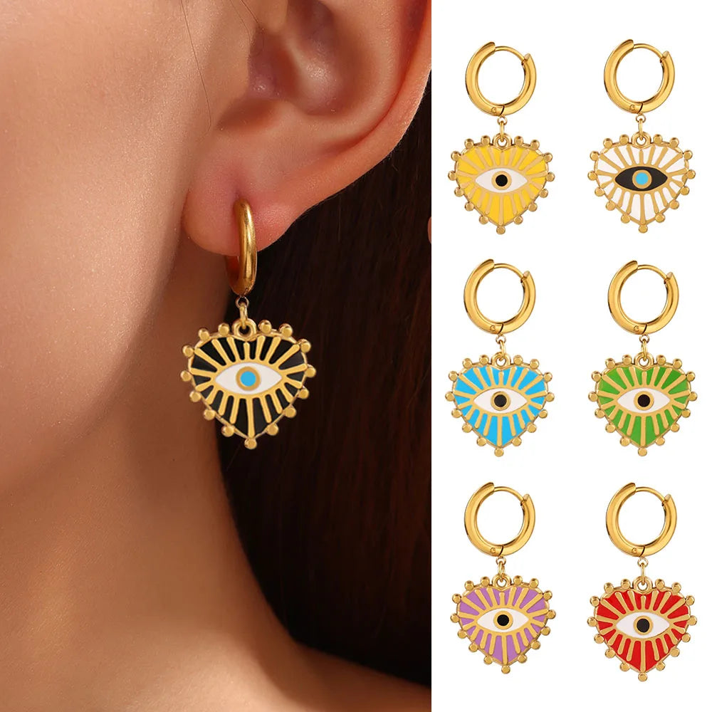 Vintage 316L Stainless Steel Turkish Evil Eye Hoops Earrings Huggie Drop Heart Pendant Earrings For Women Daily Jewelry Gifts