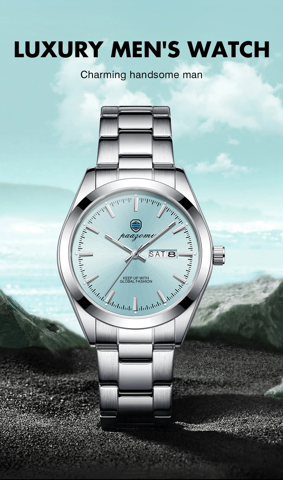 PAAZOMU Fashion Men's Quartz Watch Luminous Hands Date Week Stainless Steel Strap Waterproof Casual Wristwatch Quartz Men Watch