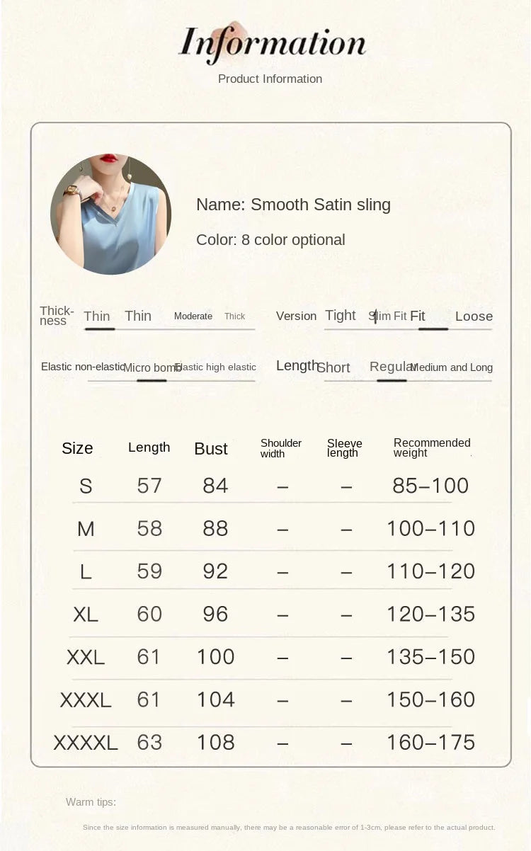 V-Neck Silk Vest Women's Summer Short Sleeved Top Acetate Satin Sleeveless Summer Shirt T-Shirt Loose Suspender Base YTM A39