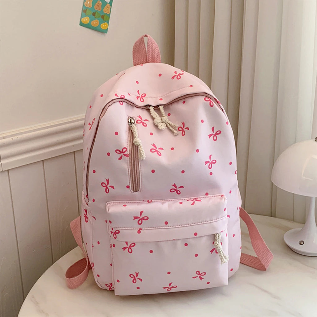 For Daily Use Back To School Season Playful Bow Print Quilted Backpack with Multi Pocket Adjustable Straps Large Capacity