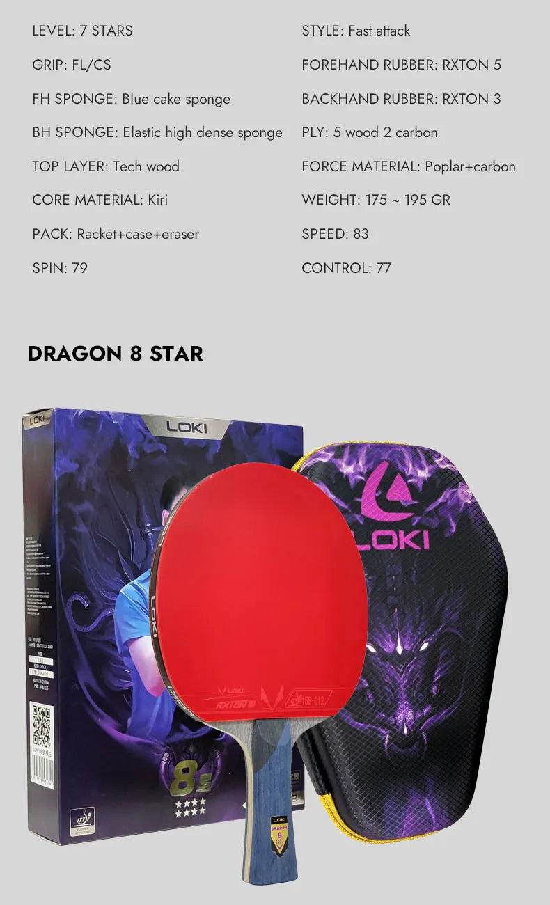 Original LOKI Table Tennis Racket Dragon Series Ping Pong Racket Paddle Bat Professional 6/7/8/9/10 Stars for All Level Players