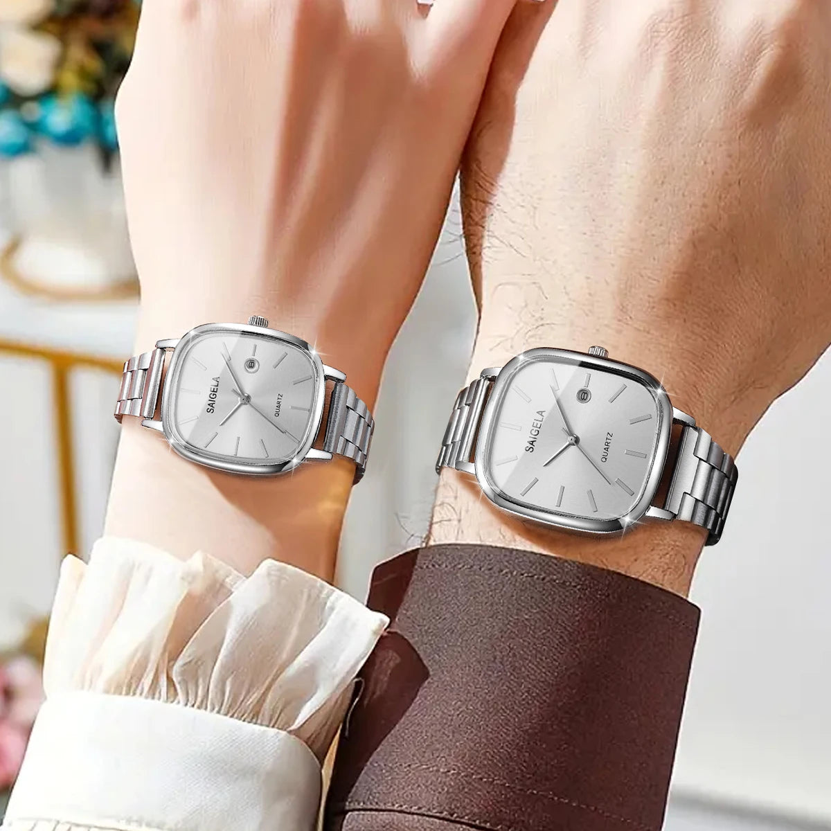 2PCS Fashion Square Dial Couple's Watches Set Simple Calendar Men Wristwatches Women Quartz Watch Relojs (Without Box)