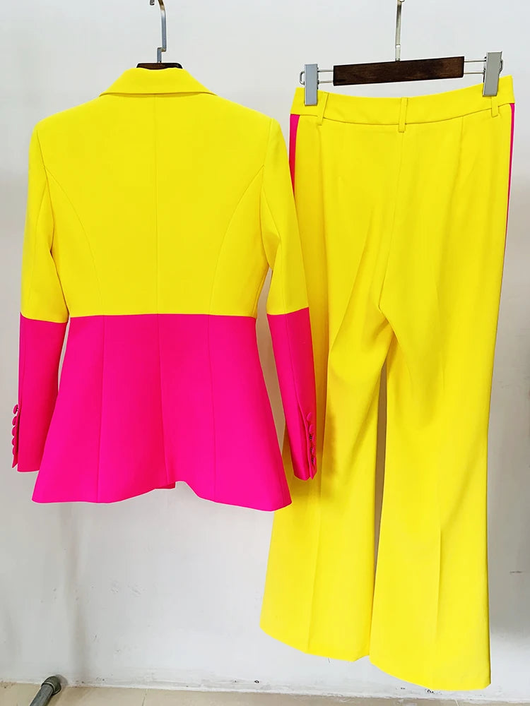 HIGH STREET Newest 2026 Designer Runway Suit Set Women's Single Button Color Block Blazer Flare Pants Suit