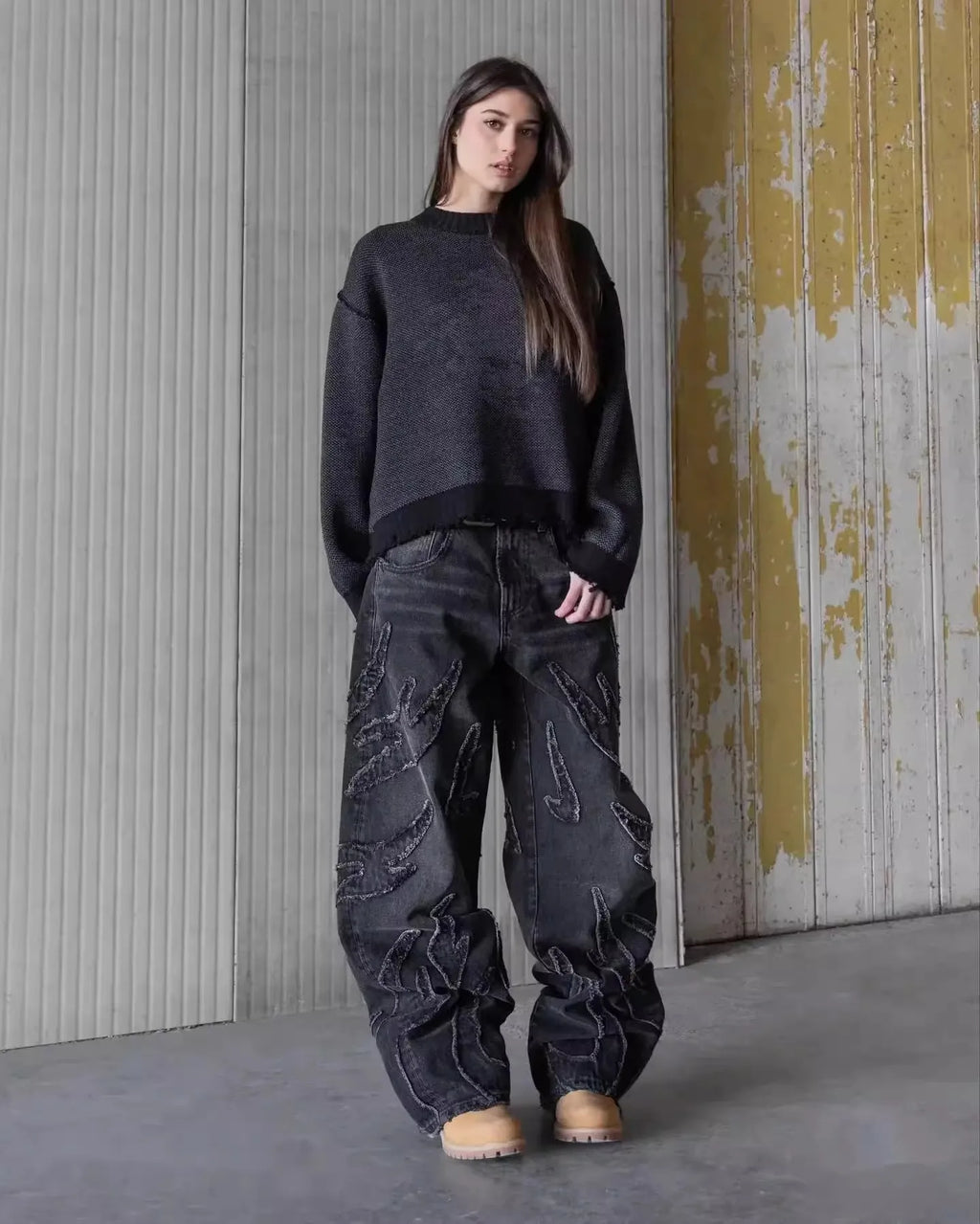 Men Denim Pants Jeans Spliced Wide Leg Pants Long Jean Patchwork Pockets Streetwear Mid Waist Washed Distressed Pant Vintage
