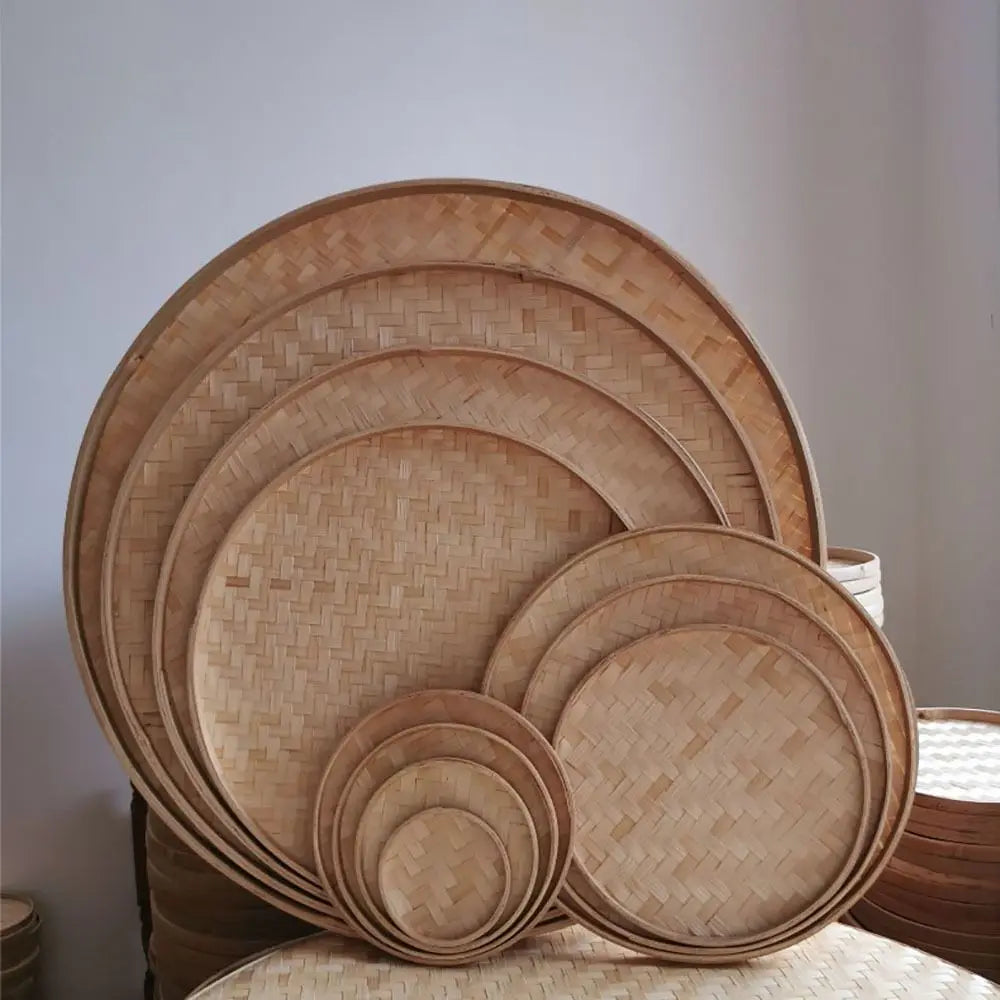 4 Size Hand-woven Bamboo Sieve Hand-painted Bamboo Raft Round Dustpan DIY Decorative Fruit Bread Basket Kitchen Storage Tray