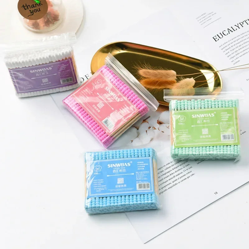 100Pcs Color Mix Double Head Bamboo Cotton Buds Adults Makeup Cotton Swab Eco Friendly Wood Sticks Nose Ears Cleaning Tools