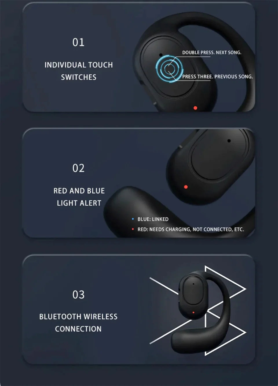 Single One Ear Hook Bone Conduction Bluetooth Headset Wireless Open Ear Headphones With Built-in Microphone Noise Canceling Hand