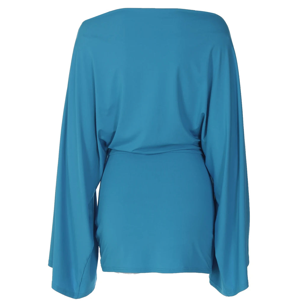 Hugcitar Solid Long Cloak Sleeve Sexy Loose Sexy Ruched Sexy Bodycon Mini Dress Fall Winter Women Fashion Outfit Party Festival