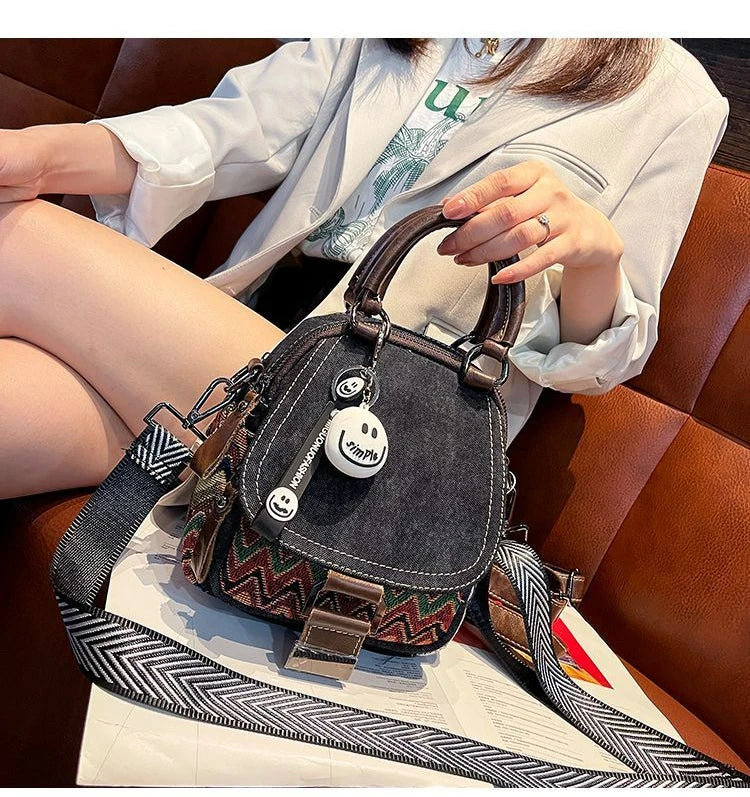 Denim Small Backpack  New Contrast Color Women Bag Retro Ethnic Style Embroidered Multifunctional Bagpack Crossbody Bolsa