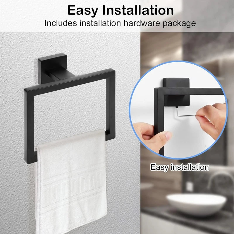 Towel Ring - Thicken Stainless Steel Towel Holder, Towel Racks for Bathroom, Square Modern Design Hand Towel Holder, Matte Black