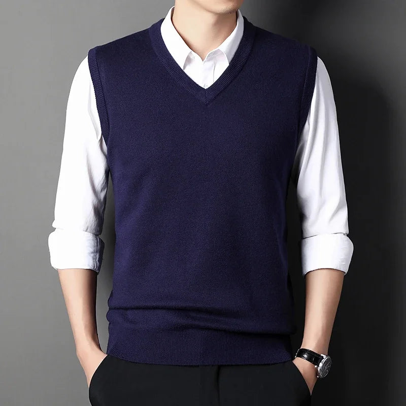 2026 Autumn Winter New Men's Solid Color V-neck Knitted Vest Casual Fashion Warm Sweater Versatile Top