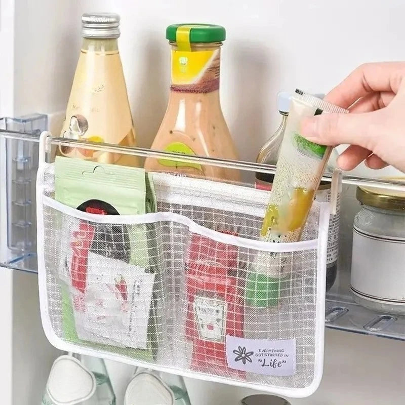 1PC Refrigerator Hanging Mesh Bag Double Compartment Storage Bag Fridge Side Door Organizer for Sauce Packet Kitchen Storage