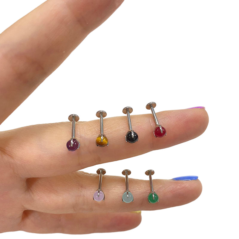 ASTM F136 Titanium PIERC Sphericity Ear Lip Studs with Semi Precious Stone Top Labret Nose Stud Earrings Body Piercing Jewelry