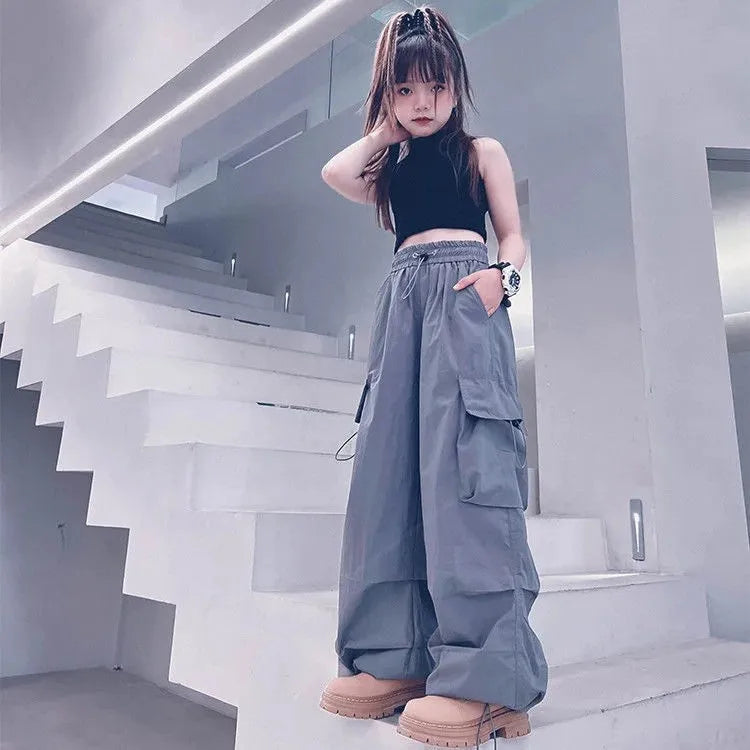 5-14Y Kids Hip Hop Joggers Pants Girls Cargo Pants Teenage Straight Trousers High Waist Vintage Casual Streetwear Baggy Pants