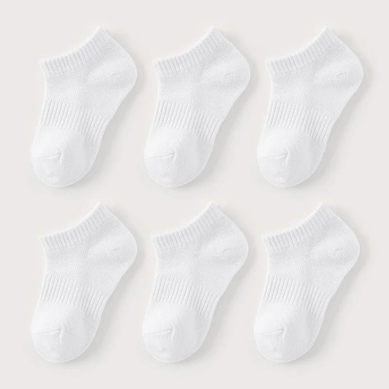 6 Pairs Kids Socks Breathable Mesh Girls Ankle Socks White Black Solid Colors Boys Sports Socks for Spring Summer