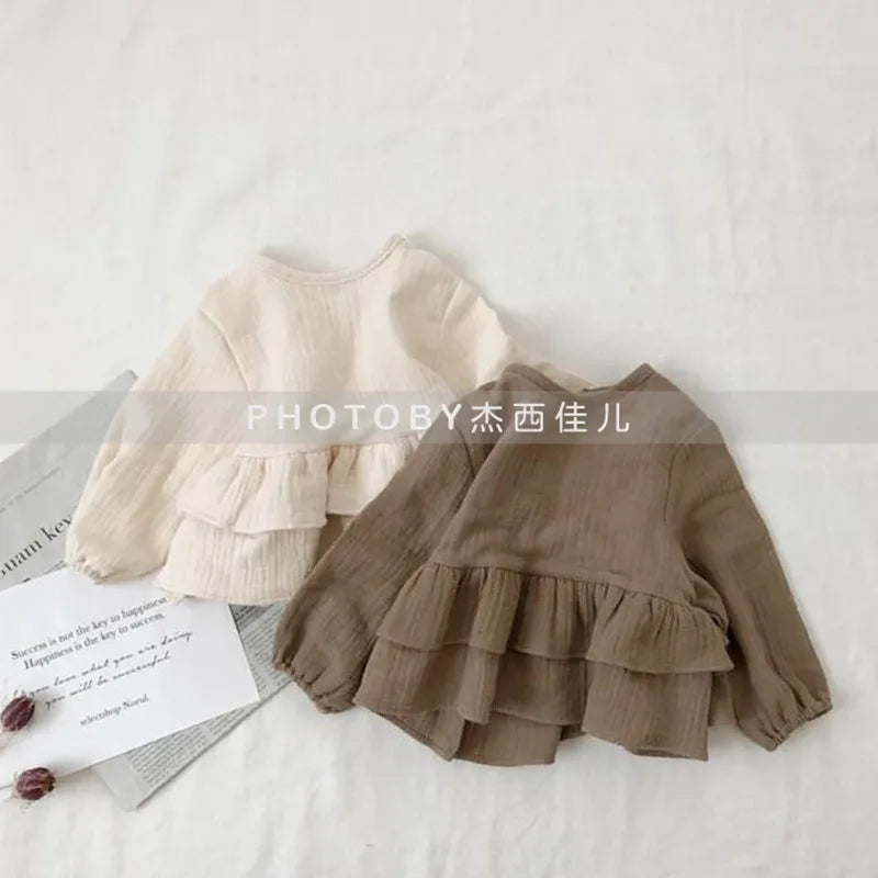 Children's Korean Version Spring and Autumn New T-shirt, Girls' Lotus Leaf Lace Drawstring Long Sleeved Cotton Yarn Top