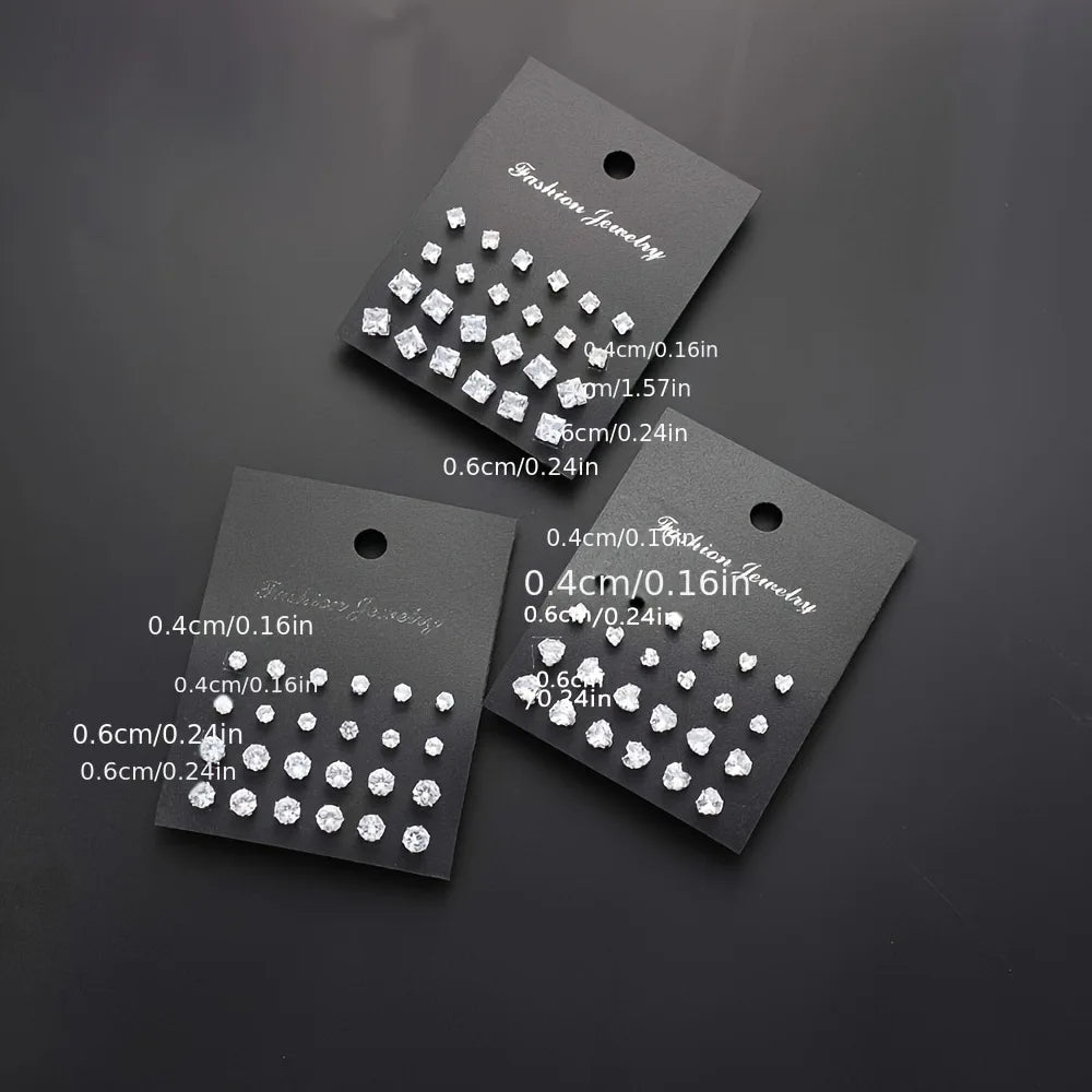 Geometric Six-Claw Heart-Shaped Crystal Zircon Basic Set Ear Studs Vintage Elegant 36 Pairs Unisex