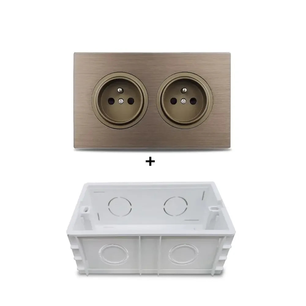 Double EU French Electrical Power Outlet Brown Brushed Aluminum Panel Wall Socket 146 * 86mm Wallpad L6