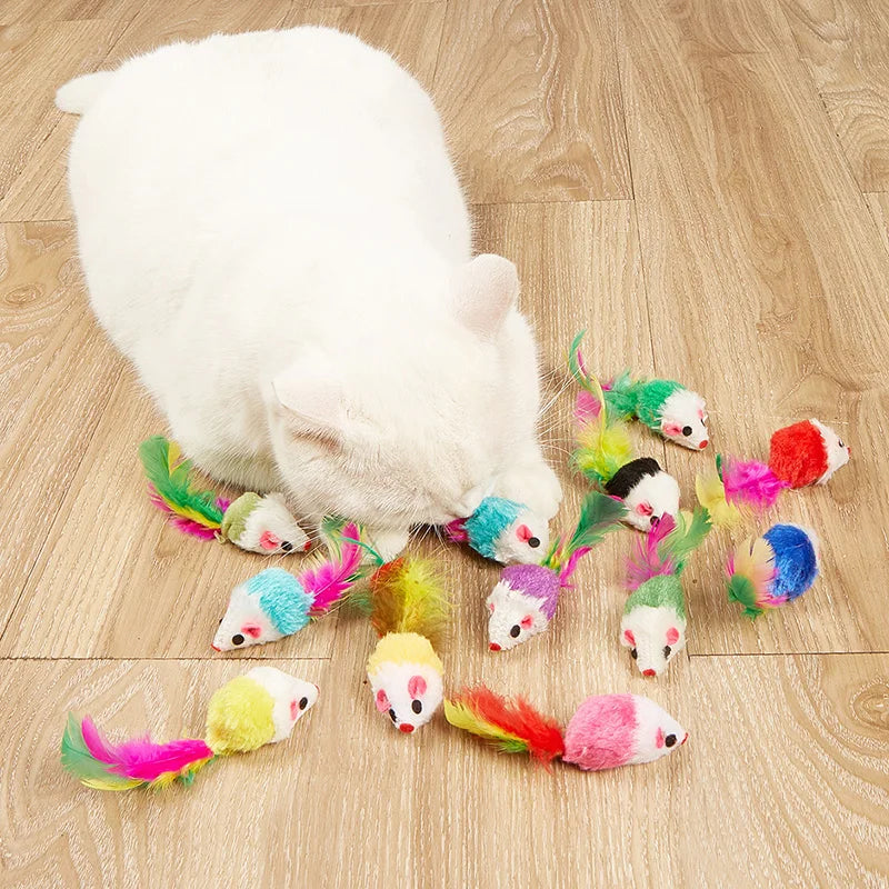 5Pcs 10Pcs Plush Pet Cat Toys Play Rabbit Fur False Mouse Feather Rainbow Mouse Toy  Funny Playing Toys for Kitten Indoor New