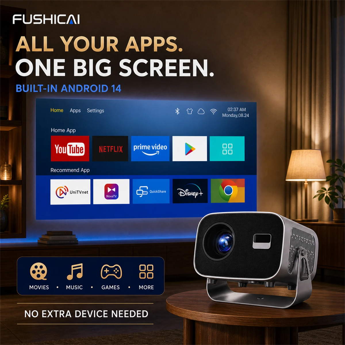 FUSHCAI Outdoor Projector A10 Portable Mini Projector with 360° Rotation 900 ANSI Native 720P 4K Compatible Auto Focus BT 5.4