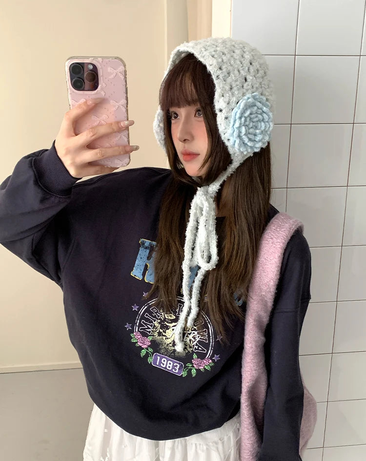 Sweet And Lovely Three-Dimensional Flower Knitted Handmade Women's Autumn And Winter Atmosphere Warm Earmuffs