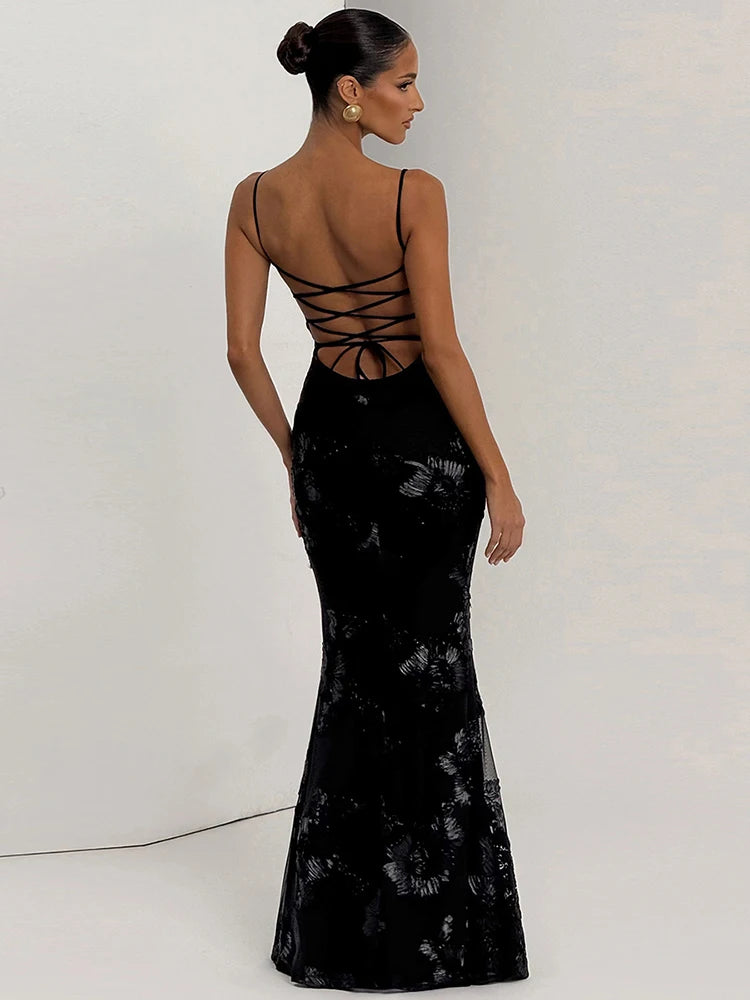 Nibber Elegant Flower Embroidery Maxi Dress Women Low-Neck Cross Bandage Backless Summer Street Trend Skinny Holiday Vestidos