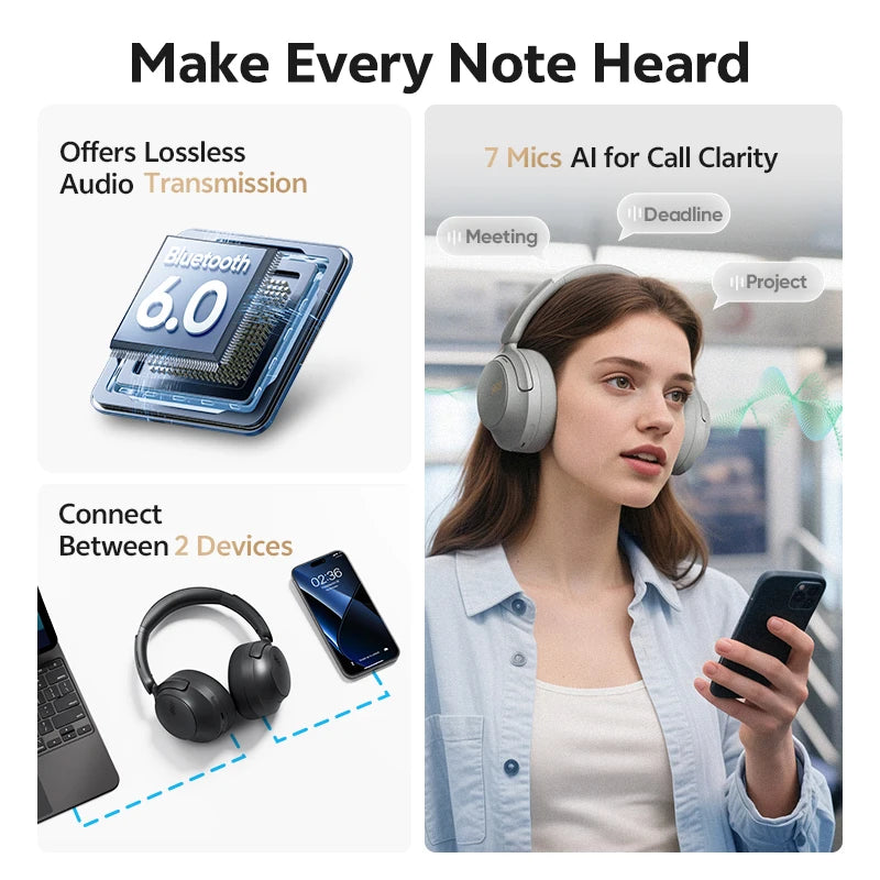 QCY H3S -56dB Adaptive ANC Over Ear Headphone Hi-Res LDAC Spatial Sound Wireless Earphone Bluetooth 6.0 Dual Driver 102H Headset