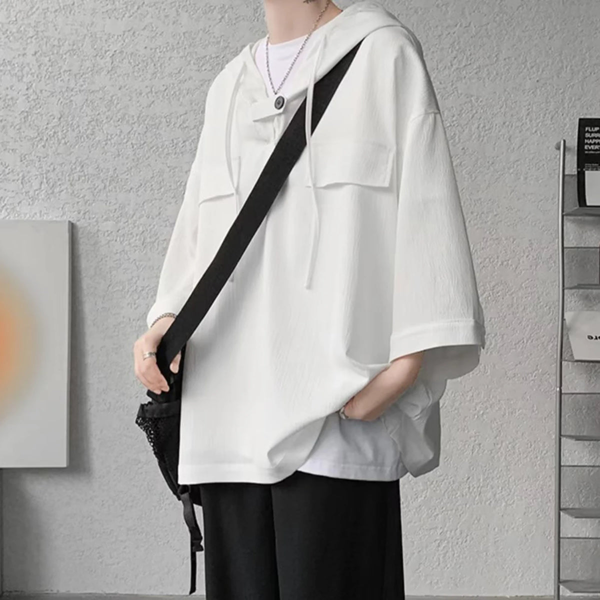 Summer Hooded T shirt Men Korean Half Sleeve Pullover Streetwear Loose T-shirt Tops Drawstring Men Clothing