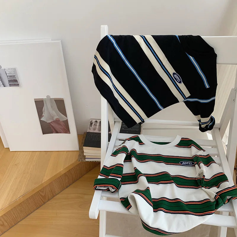 2025 autumn Children Clothes Girls Long Sleeves Bottoming Shirts Cool Boys Stripe Cotton T-shirt Teen Loose Casual 2-7y Kids Top