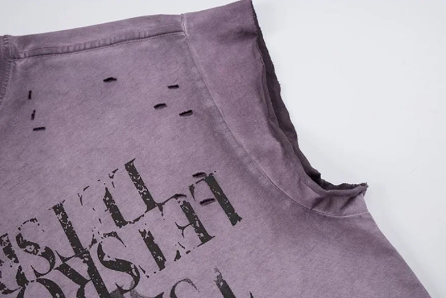 Men's Fashion Ripped Printed Tank Tops High Street Hip Hop Sleeveless Tees Streetwear Washed Vintage Tops For Male