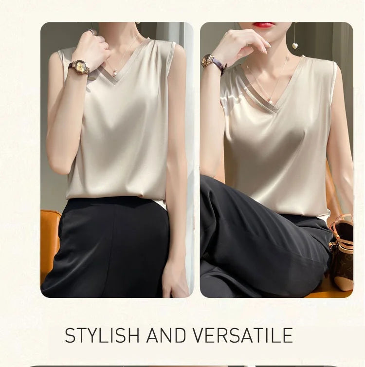 V-Neck Silk Vest Women's Summer Short Sleeved Top Acetate Satin Sleeveless Summer Shirt T-Shirt Loose Suspender Base YTM A39
